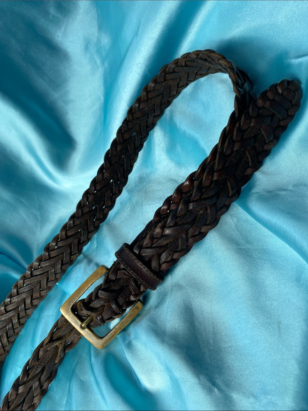 Vintage Braided Brown Leather Belt with Brass Buckle